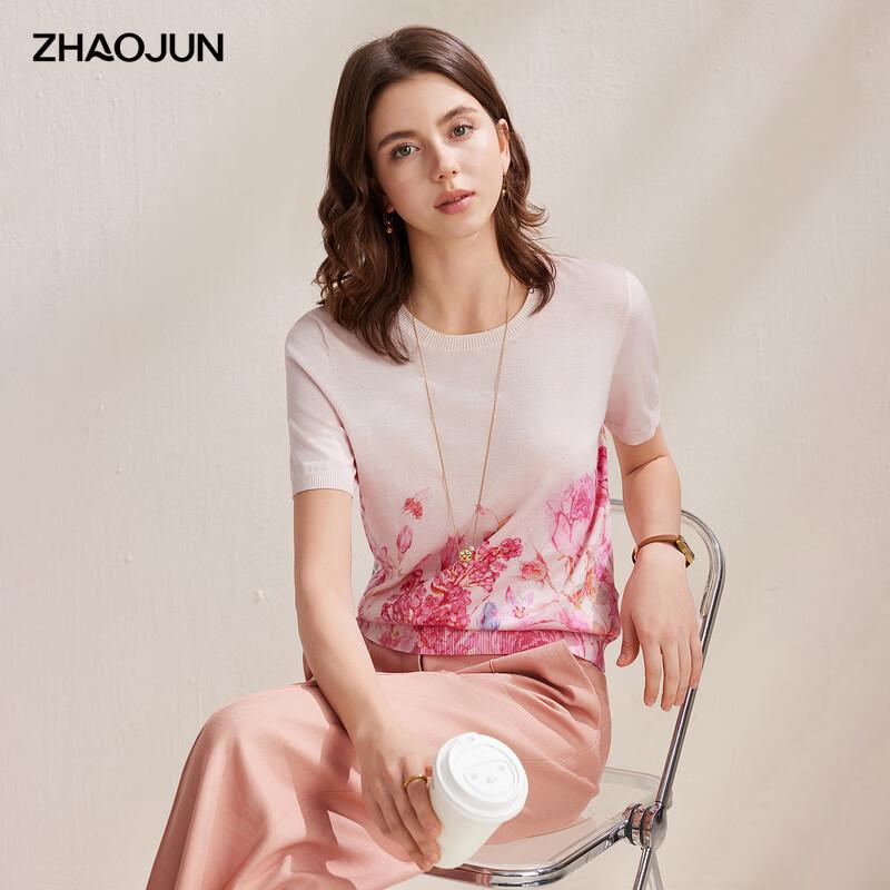 Zhaojun Women's Floral Print Round Neck Silk Blend Knit T-shirt