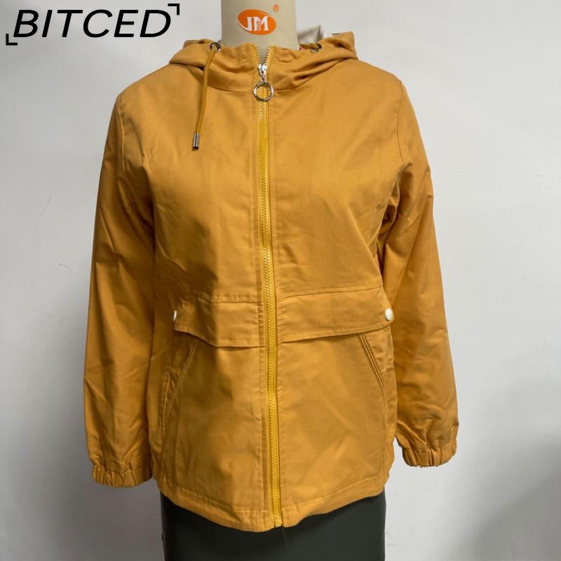 BITCED Hooded Solid-Colour Trench Coat for Women Long-Sleeved Spring/Autumn Lightweight Jacket Casual Style