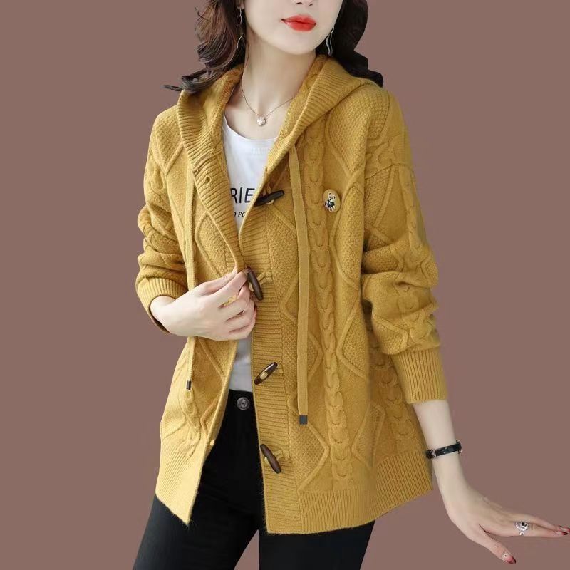 Corner buckle knitted cardigan women's early autumn new autumn and winter thickened lazy loose top sweater women