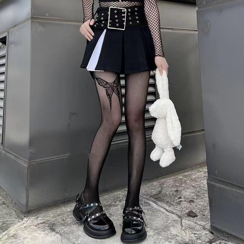 Gothic Girls Big Butterfly Print Stockings New Design Women Goth Punk Mesh Fish Net Pantyhose Sexy Stockings