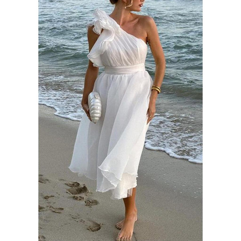 2025 Spring Summer Women's Dresses Elegant One Shoulder Sleeveless Pleated High Waist Female Long Dress Chic Ladies Holiday Robe