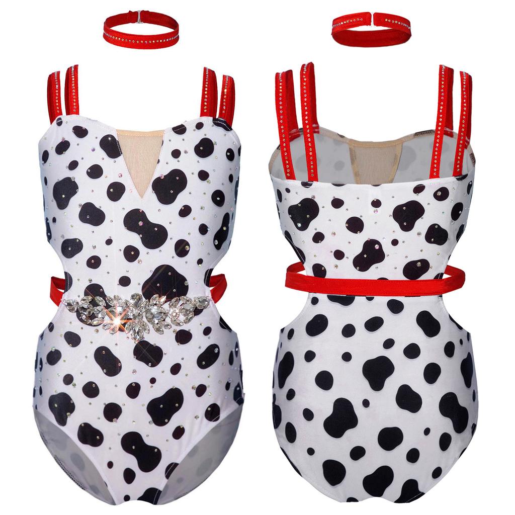 Costume de Dalmatien pour Filles Manches Courtes Double Bretelles Découpe à la Taille Maillot de Bain Scintillant Strass avec Collier pour Spectacle de Danse