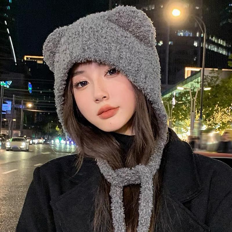 Autumn And Winter Cute Bear Plush Hat Women'S Able Warm Woolen Hat Large Head Circumference Ear Protection Hat