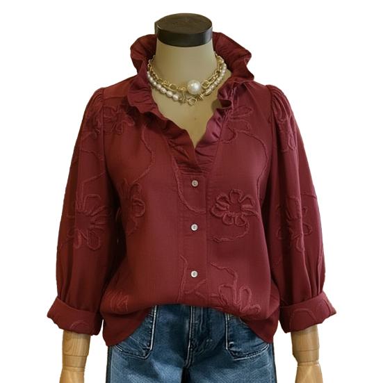 Women Shirt V-Neck Lace Trim Long Sleeve Pullover Tops Pure Color Embroidery Flower Pattern