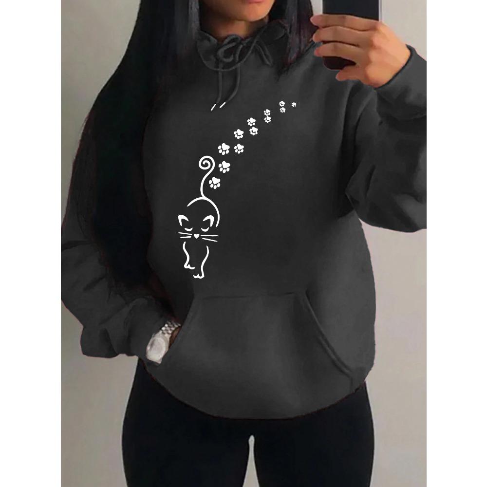 Cats And Footprints Creative Design Female Sweatshirt Hip Hop Pocket Hoodies Creativity Warm Pullover Street Style Fleece