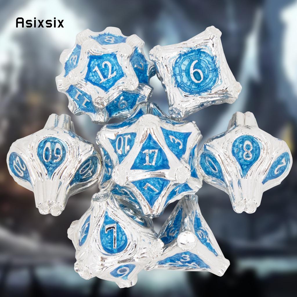 7 Pcs White BlueTree Stump Root Metal Dice Solid Metal Polyhedral Dice Set Suitable for Role-Playing RPG  Board Game Card Game