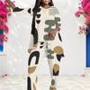 Women Plus Size Round Neck Long Sleeve Blue Orange Printed Layered Top Long Pants Two Piece Set