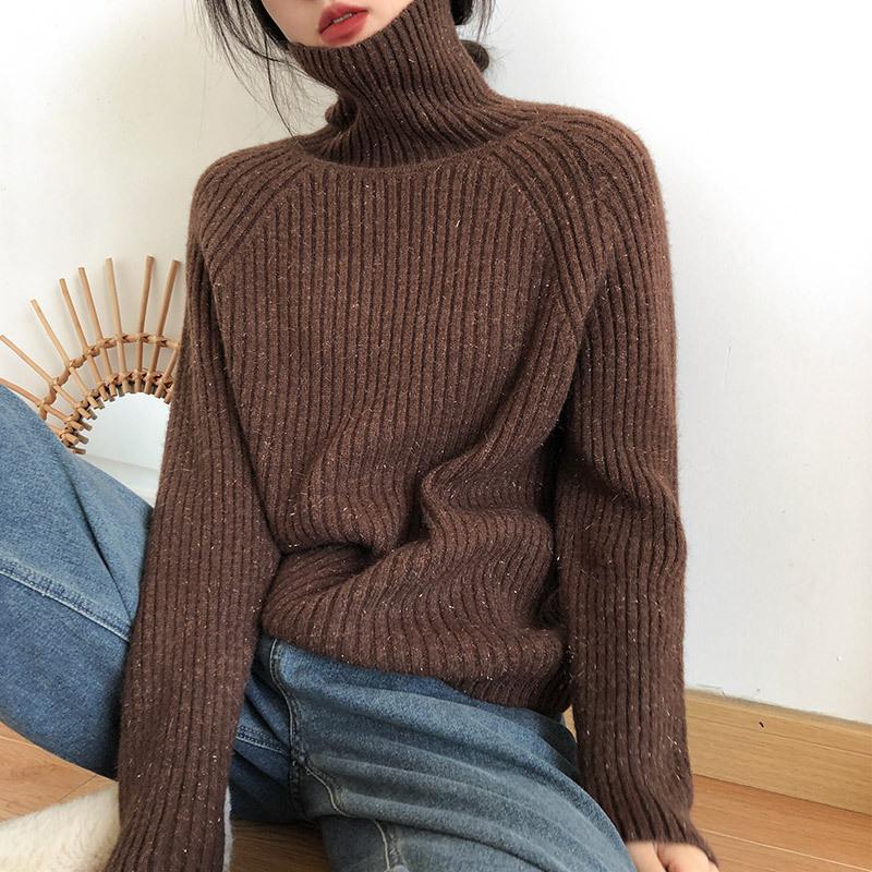 Women's Slim-Fit Ribbed High Neck Sweater - Solid Color Knit Top for Autumn/Winter