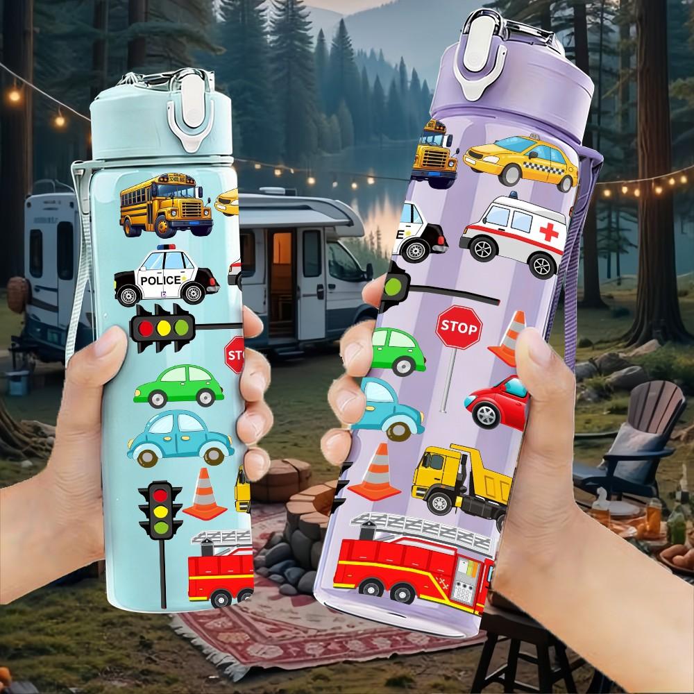 1PC Mini Toy Vehicle Group Cartoon Print 750ml Color Plastic Sports Water Bottle Leakproof Flip Straw Lid Suitable for Sports Office Home Use