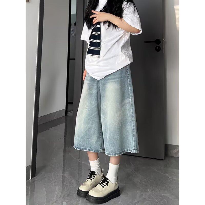 Seven-point Straight-leg Denim Shorts for Women's Summer Thin Fat MM Medium Pants, Thin Wide-leg Medium Pants