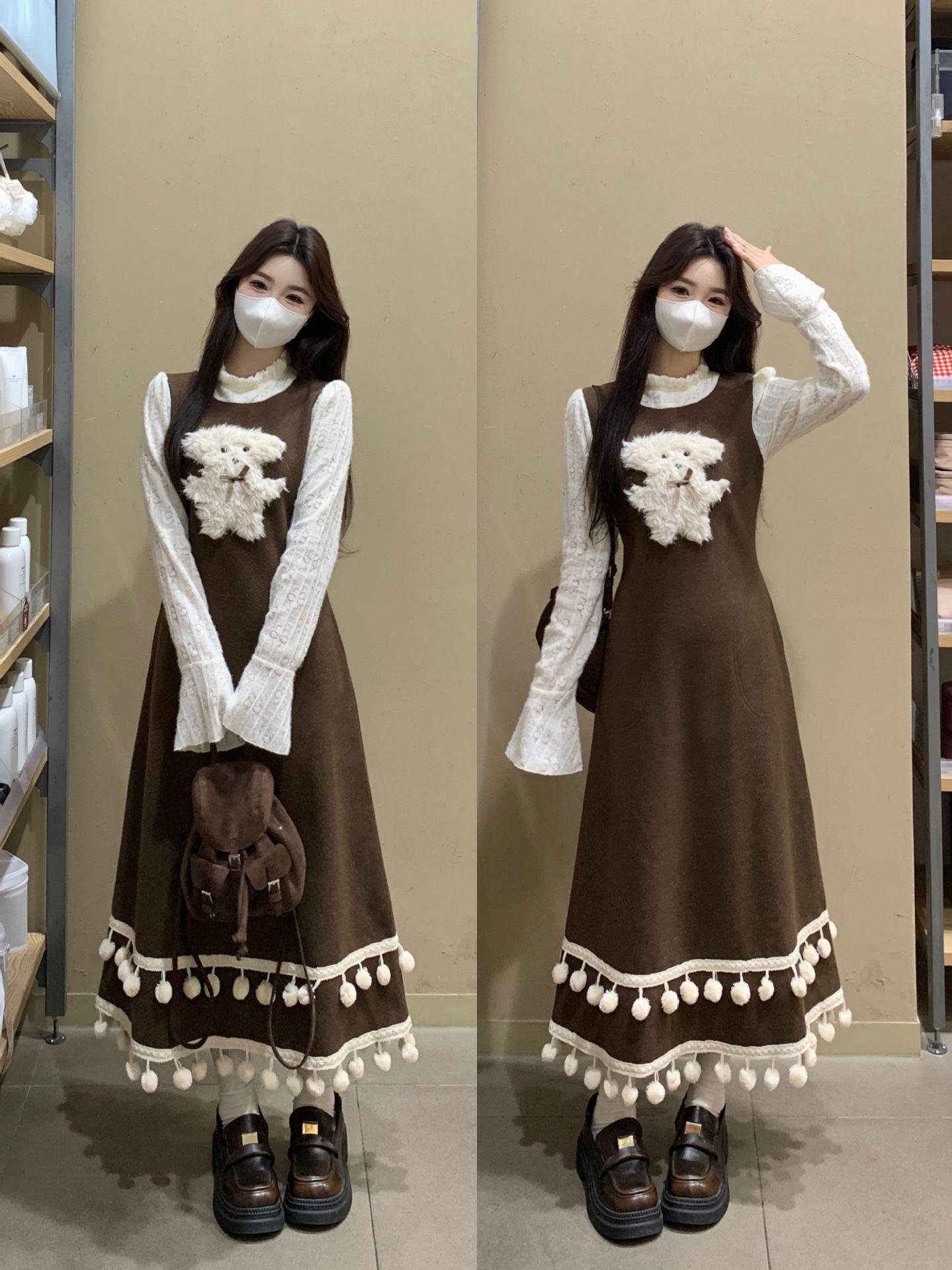 

Plus Size Women s Wool Blend Lace Patchwork Long-Sleeve Dress - Autumn/Winter Little Bear Princess Style 3XL