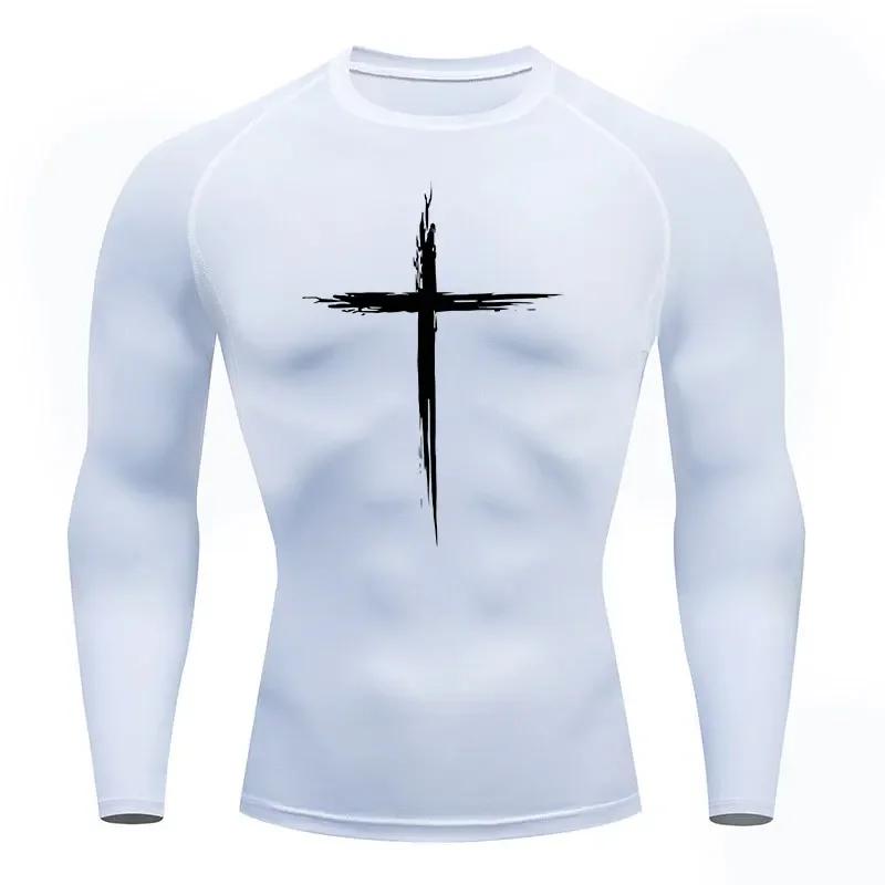 Men's Quick Dry Cross Print Sportswear Running Compression Tee Shirt Athletic Muscle Tshirt Fitness Gym Undershirt Sport Top