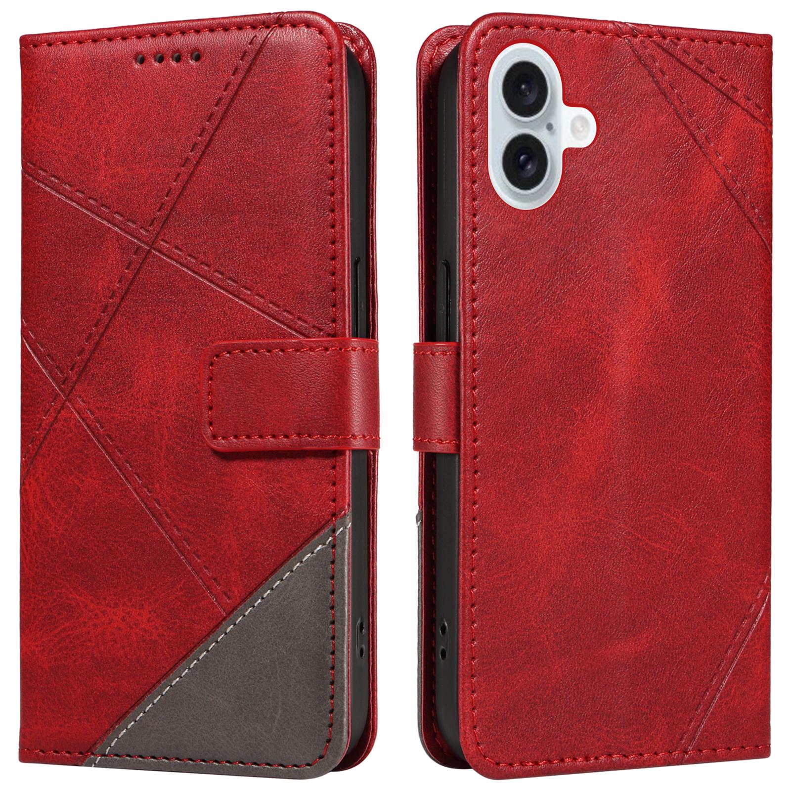 

Для iPhone 16 Plus Чехол Геометрическая Линия Кожа Телячья Текстура Чехол для Телефона Red