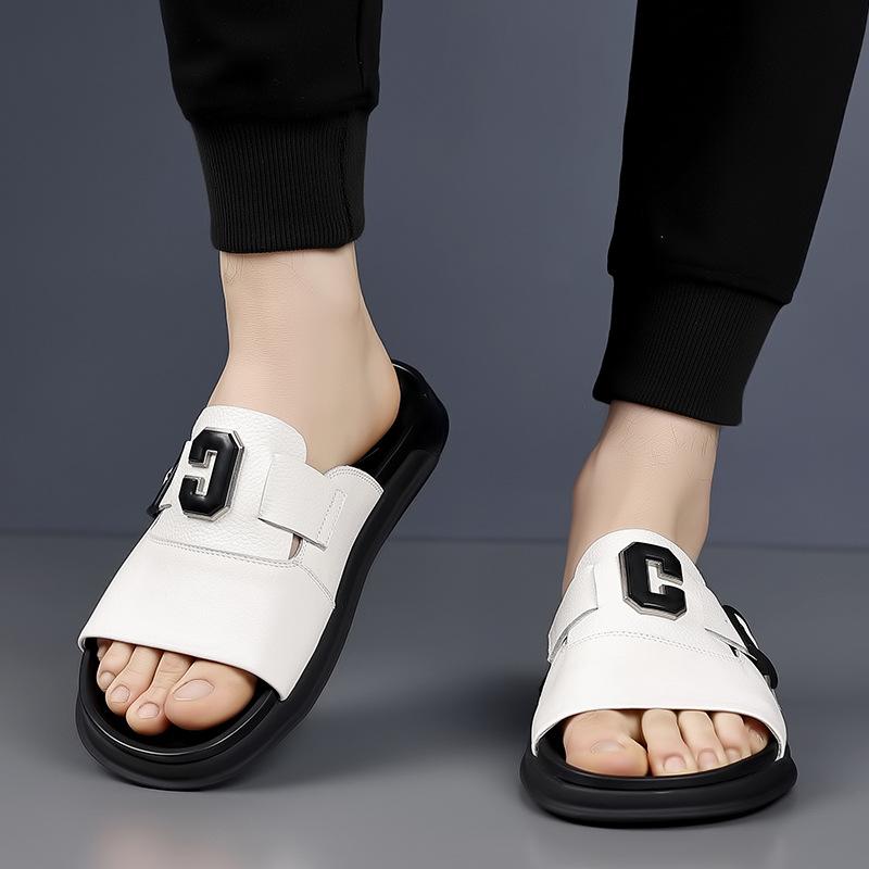 Fashion Men Outwear Genuine Leather Slippers for Men Fashion Buckle Designer Summer Flip-flops Male Casual Non-slip Beach Shoes Man