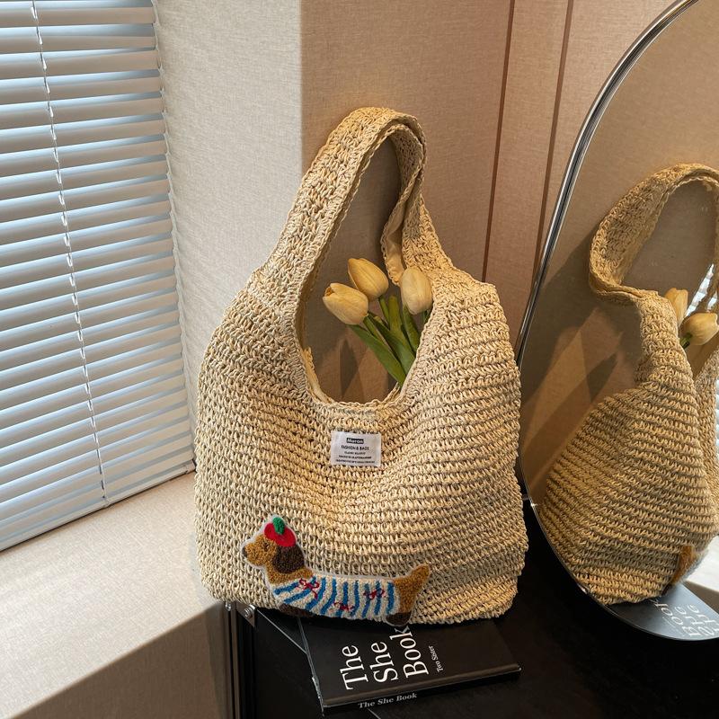 New fashion woven dachshund dog shoulder women's bag large capacity cotton rope tote bag vacation beach tote bag bag