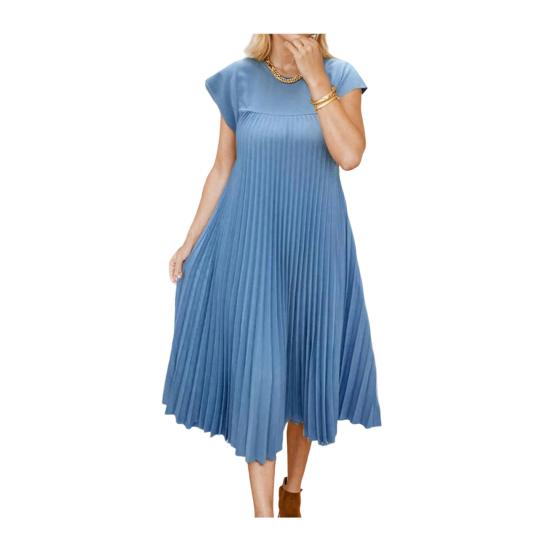 Women s Summer Sleeveless Midi Dress Casual Crewneck Pleated A Line Swing Dress Flowy Long Party Dress S небесно-голубой