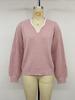 Autumn 2026 Pink Color Block V-neck Pullover: French Relaxed Fit, Hollow Design, Long Sleeve Sweater.