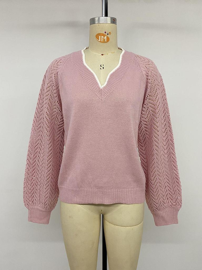 Autumn 2026 Pink Color Block V-neck Pullover: French Relaxed Fit, Hollow Design, Long Sleeve Sweater.