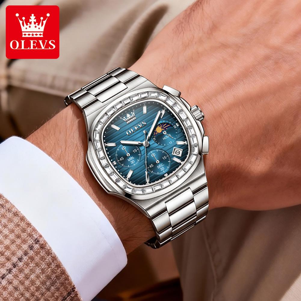 OLEVS New Original Luxury Fashion Square Quartz Watch Men Moon Phase Chronograph Watch Waterproof Luminous Date Watches For Man