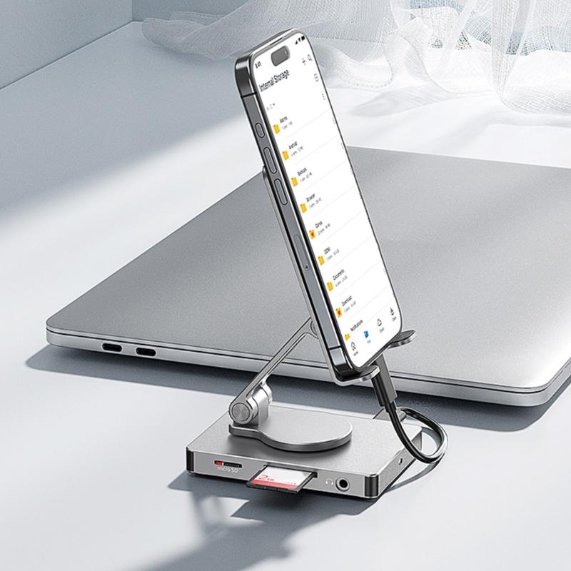 Rotating Aluminum Phone Hub 8 in 1 USB C Docking Station 5Gbps 100W PD Charging Foldable Stand for Multiple Devices