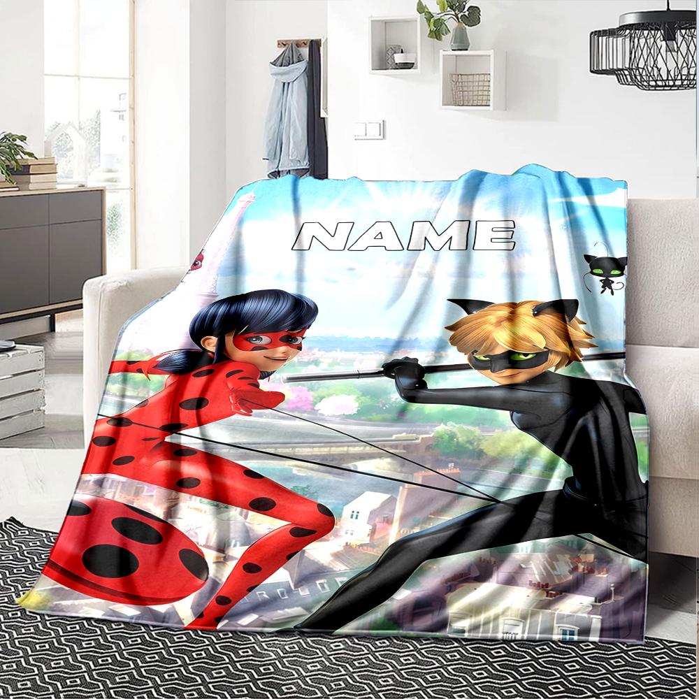 Custom Name Miraculous Tales of Ladybug Cat Noir Theme Printed Blanket - Perfect for Couch, Bed, Travel & Outdoor Use | Machine Washable, Cozy & Durab