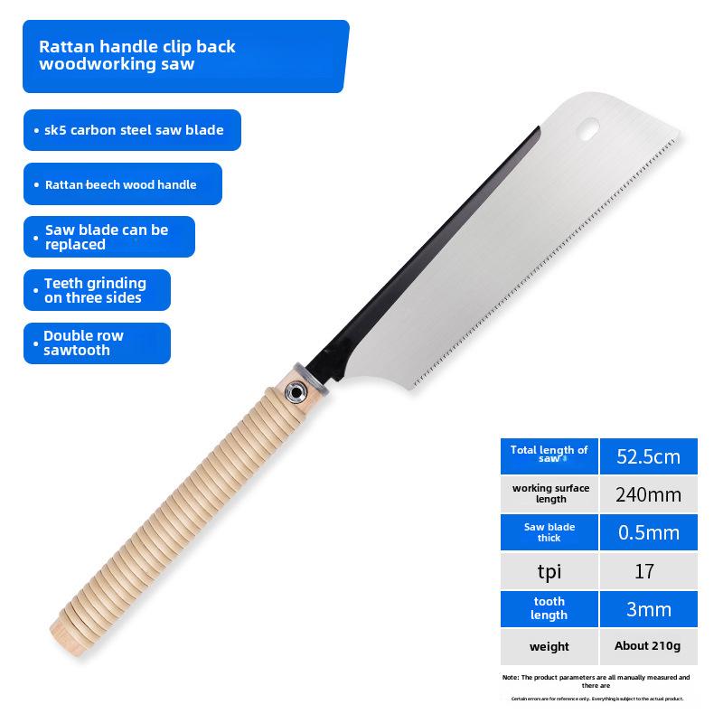 Japanische doppelseitige Holzsäge mit Rattangriff für Querschnitte und Zapfenarbeiten