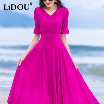 Robe d'été élégante à col en V, mode, volants, vacances à la plage, longueur midi, pour femme, manches mi-longues, taille cintrée, robe unie en mousseline, Vestidos pour femmes