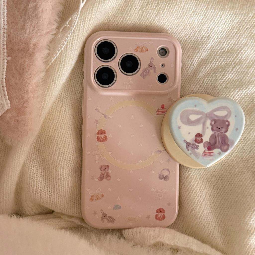 Cute Pink Bear Heart-Shaped Magnetic Stand and Bear Phone Case for iPhone 16, iPhone 17, and iPhone 17 Pro Max