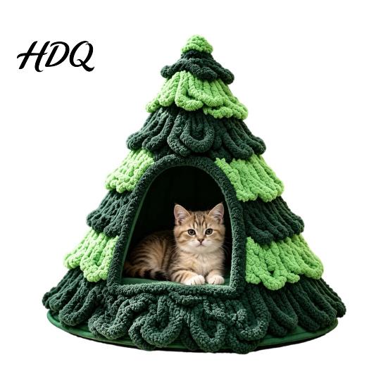 Felt Cat Bed Christmas Tree Cave Foldable Semi-Enclosed House Cozy House Warm Holiday Pet Hideaway for Indoor Cats Seasonal Home Decor Small