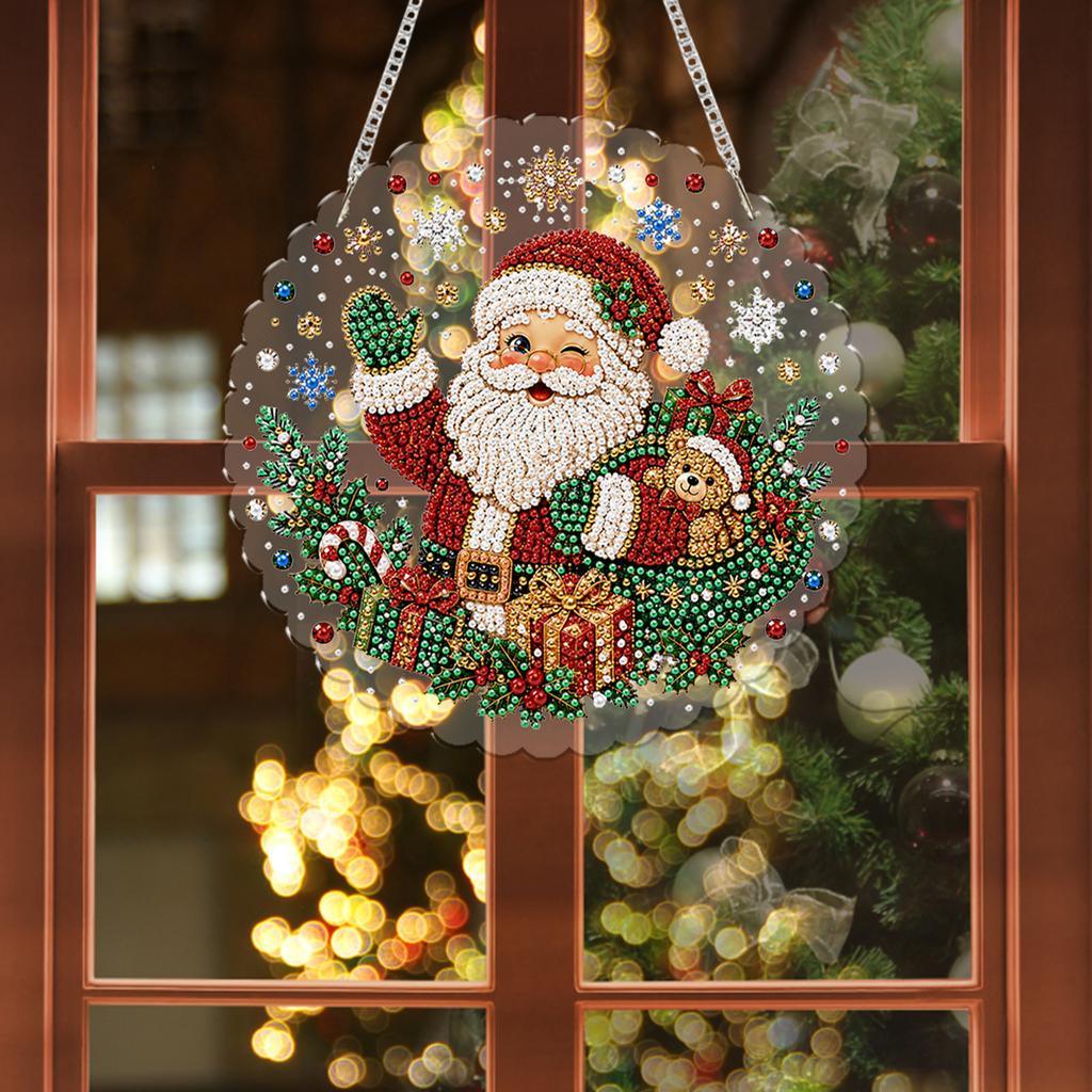 DIY Christmas Pearl Art Kit Acrylic Round Pendant with 3D Pearl Beads Chain Hanging Diamond Painting Craft for Festival Decor