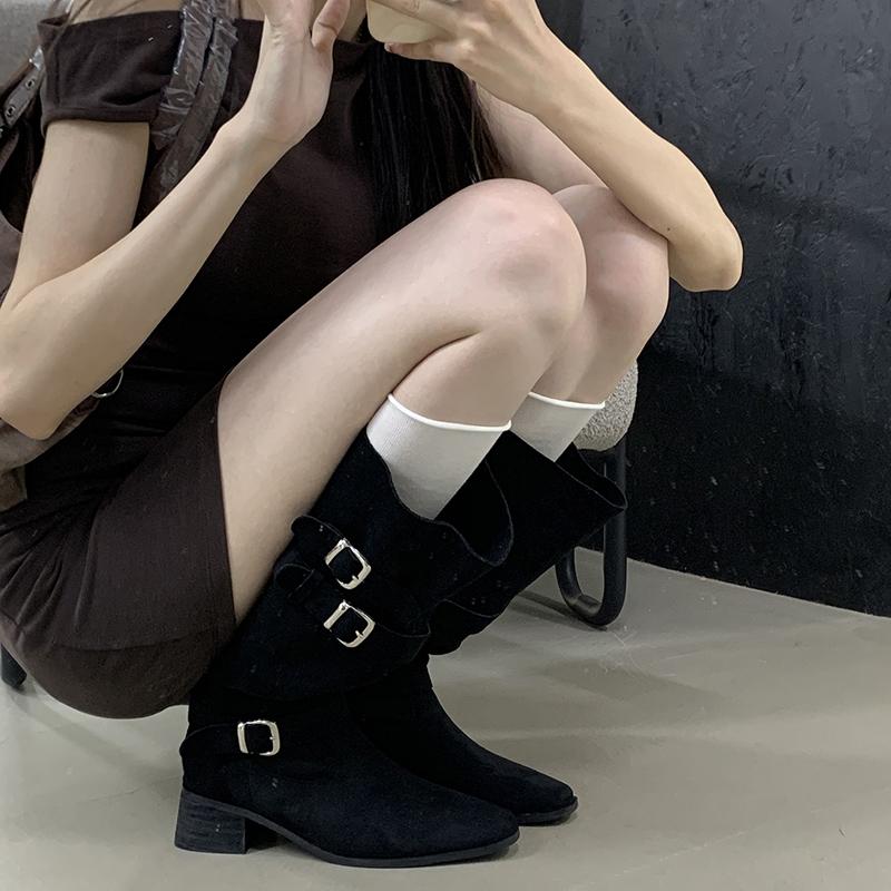 Winter Designer Pointed Toe Women Knee High Boots Fashion Belt Buckle Slip On Shoes Concise Thick Heel Knight Long Booties