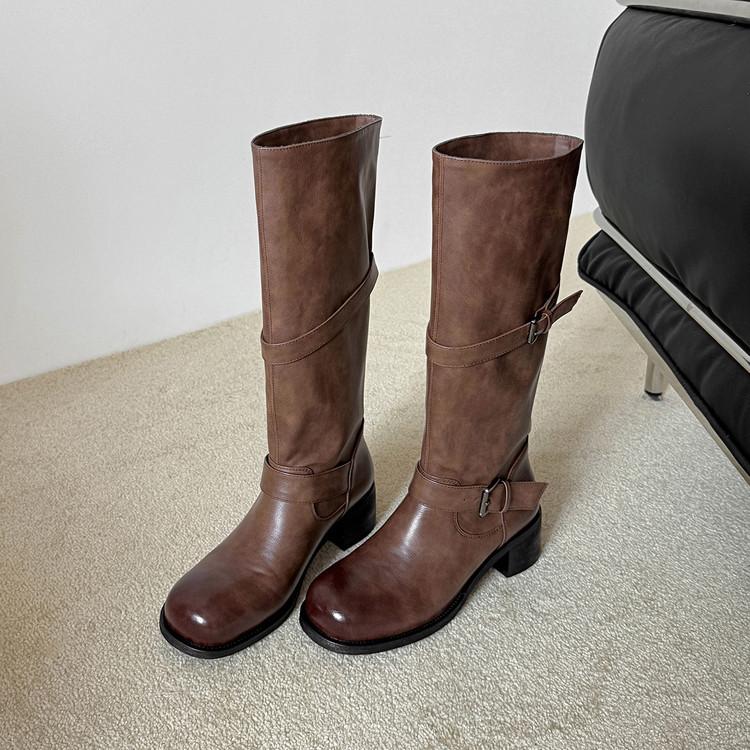 2025 Autumn and Winter Long Legs~! Round Head Thick Heel Thin Knight Boots Belt Buckle Fried Street Wide Tube Boots Women