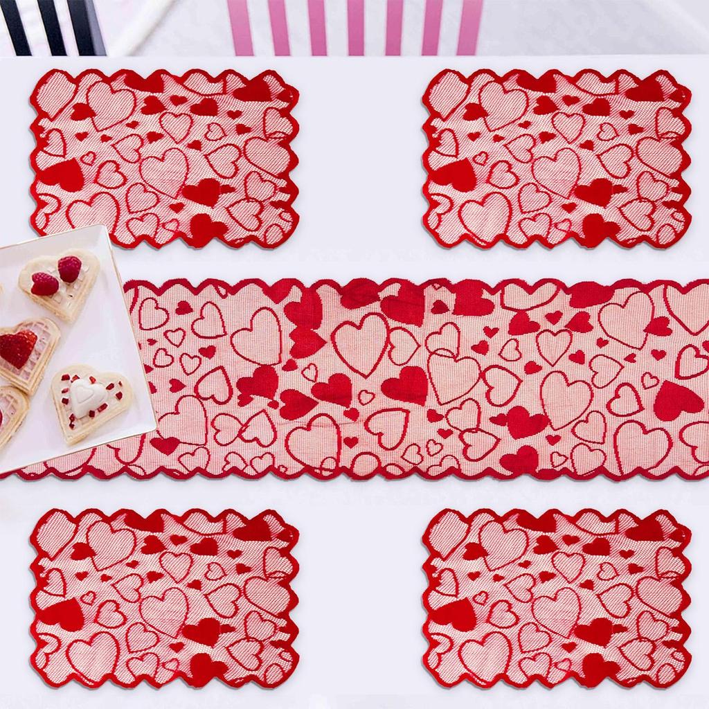 Heart Table Runner Red Lace Love Heart Valentine's Day Dining Decorations Anniversaries Dining Table Runner for Holiday Parties