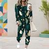 Women Plus Size Round Neck Long Sleeve Black Printed Two Piece Set Cuffed Top And Pants With Pockets