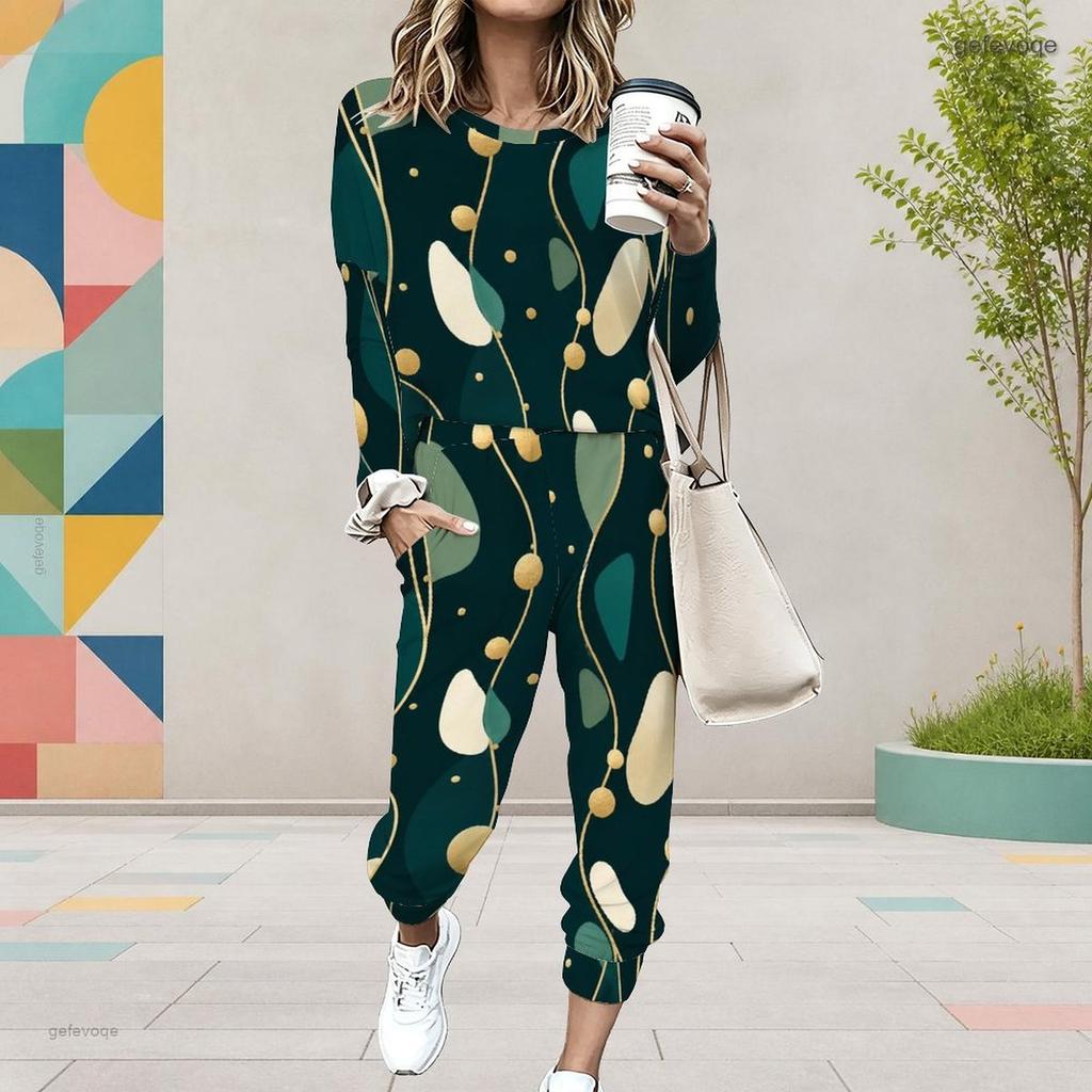 Women Plus Size Round Neck Long Sleeve Black Printed Two Piece Set Cuffed Top And Pants With Pockets