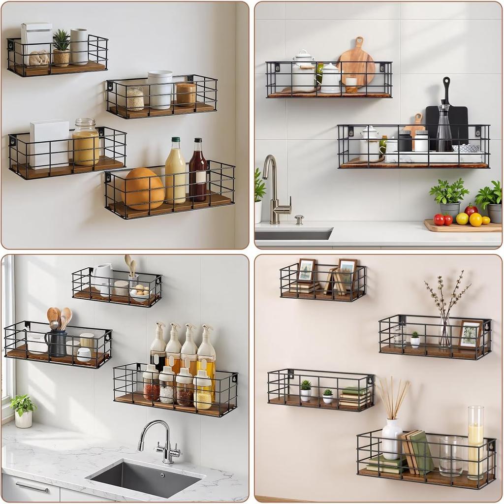 4 Sets of Hanging Floating Shelves, Metal Wire Storage Basket with Wood Bottoms, Hanging Storage Wall Shelf, Wall Mounted Shelves