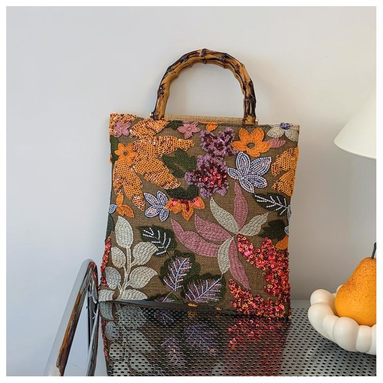 2025 Artistic Chinese-Style Women's Bamboo-Linen Handbag: Fashionable, Large-Capacity Floral Tote