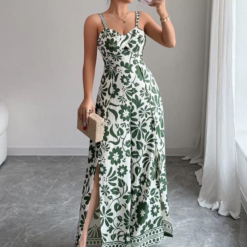 2025 Elegant Twist Print Spaghetti Strap Backless Jumpsuit with Wide Leg and Long Pants Skirt