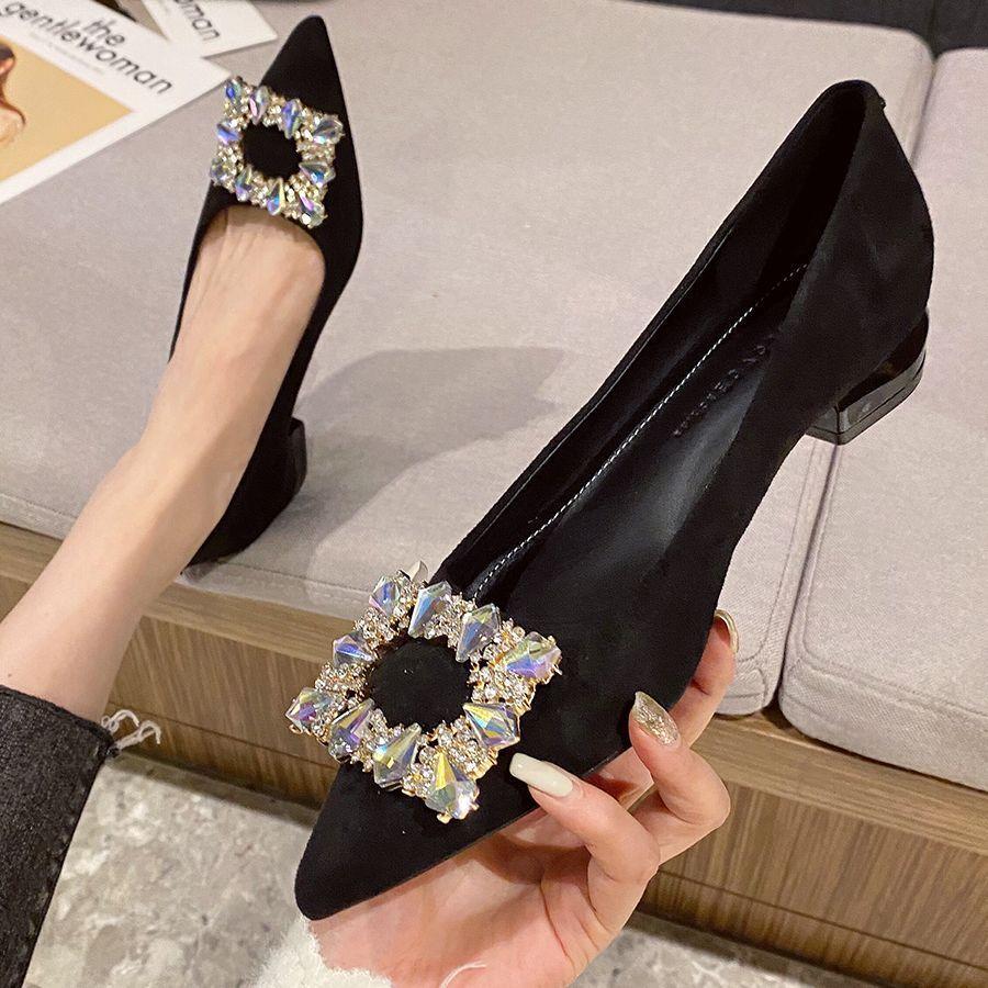 Low heel black professional thick heel single shoes women's spring 2025 new temperament pointed head shallow mouth rhinestone flat shoes