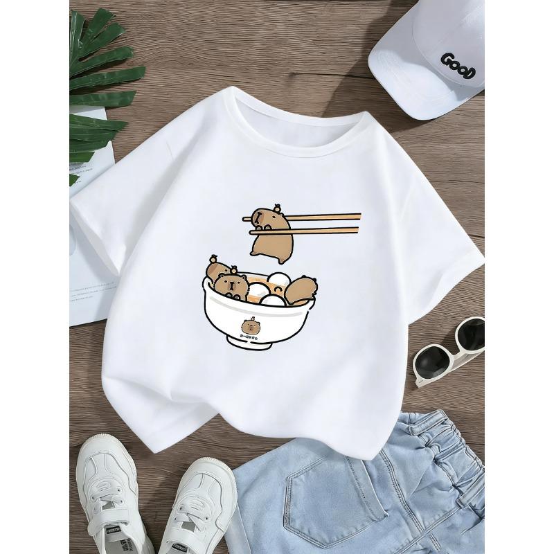 European Sizes Cute Capybara and Egg Girls' Pure Knit Top - Soft, Non-Stretch Fabric, Crew Neck, Great for Summer Outdoors and Gifts