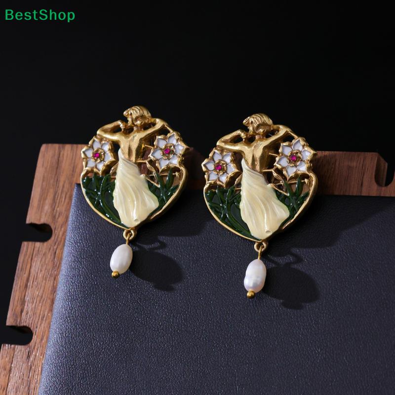 Vintage Art Nouveau Dancer Earrings – Enamel Floral Design with Freshwater Pearl Drop for Women
