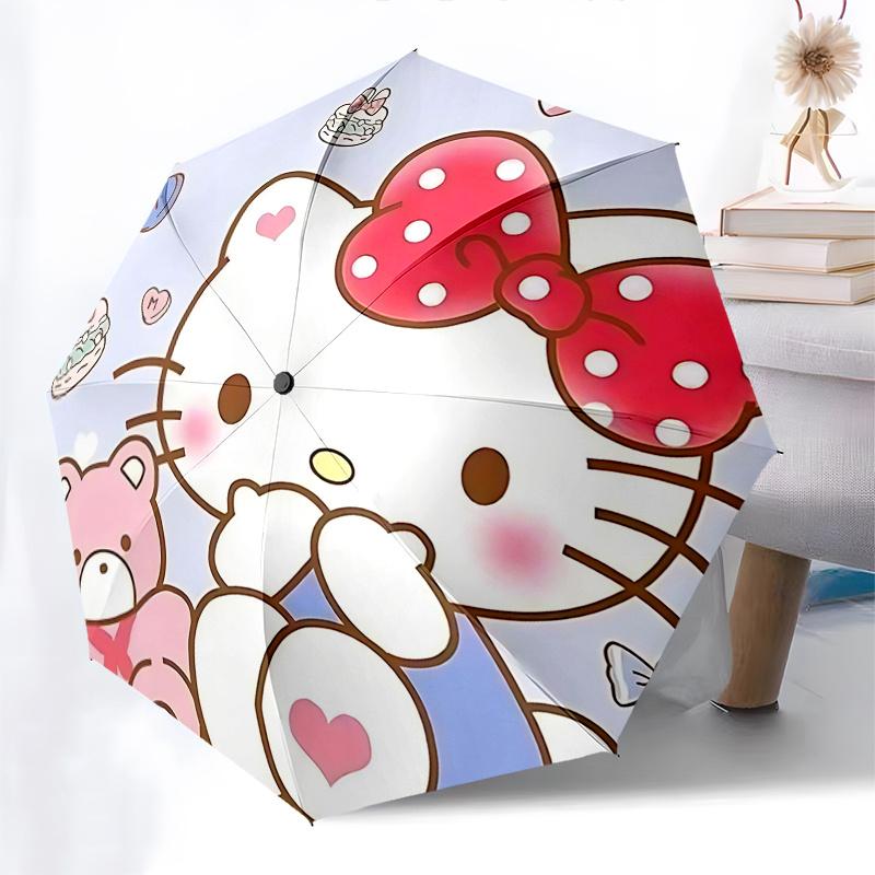 1pc Hello Kitty Automatic Opening/Closing Umbrella with Polka Dot Bow - Portable Three-Fold Design, 8-Bone Iron Frame Outdoor Umbrella for Fans, Trave