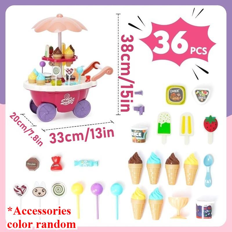 Ice Cream Toys Candy Cart Kids Play House Toys with Ice Cream Lollipop Music Rotatable Pretend Play Gift for Toddler Boys Girls