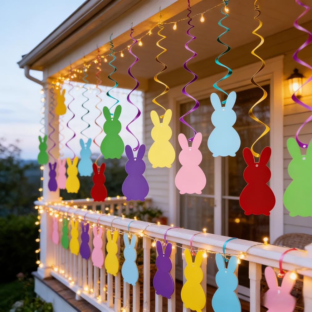 Colorful Bunny Spiral Hanging Decor Paper Pom Pom Garland  Easter Celebration