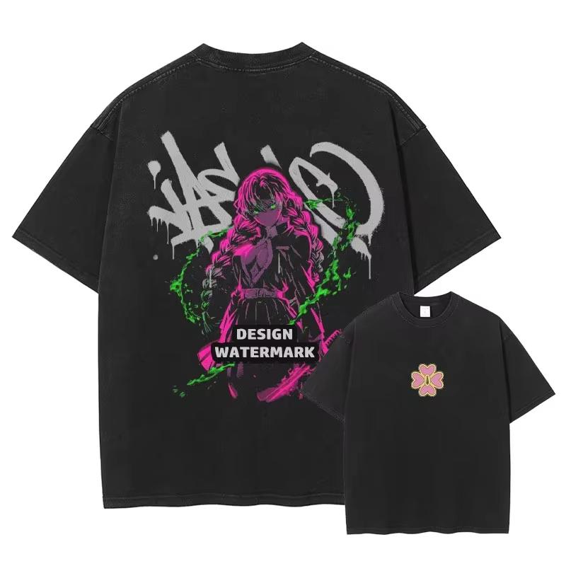 Japanese Anime Demon Slayer Washed Print T-Shirt, Unisex Tee for Male Anime Fans Women And Men T-shirt L
