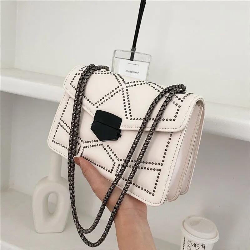 Vintage Rivet Chain Small Shoulder Bags For Women Flap PU Leather Fashion Small Square Crossbody Bag Designer Handbag