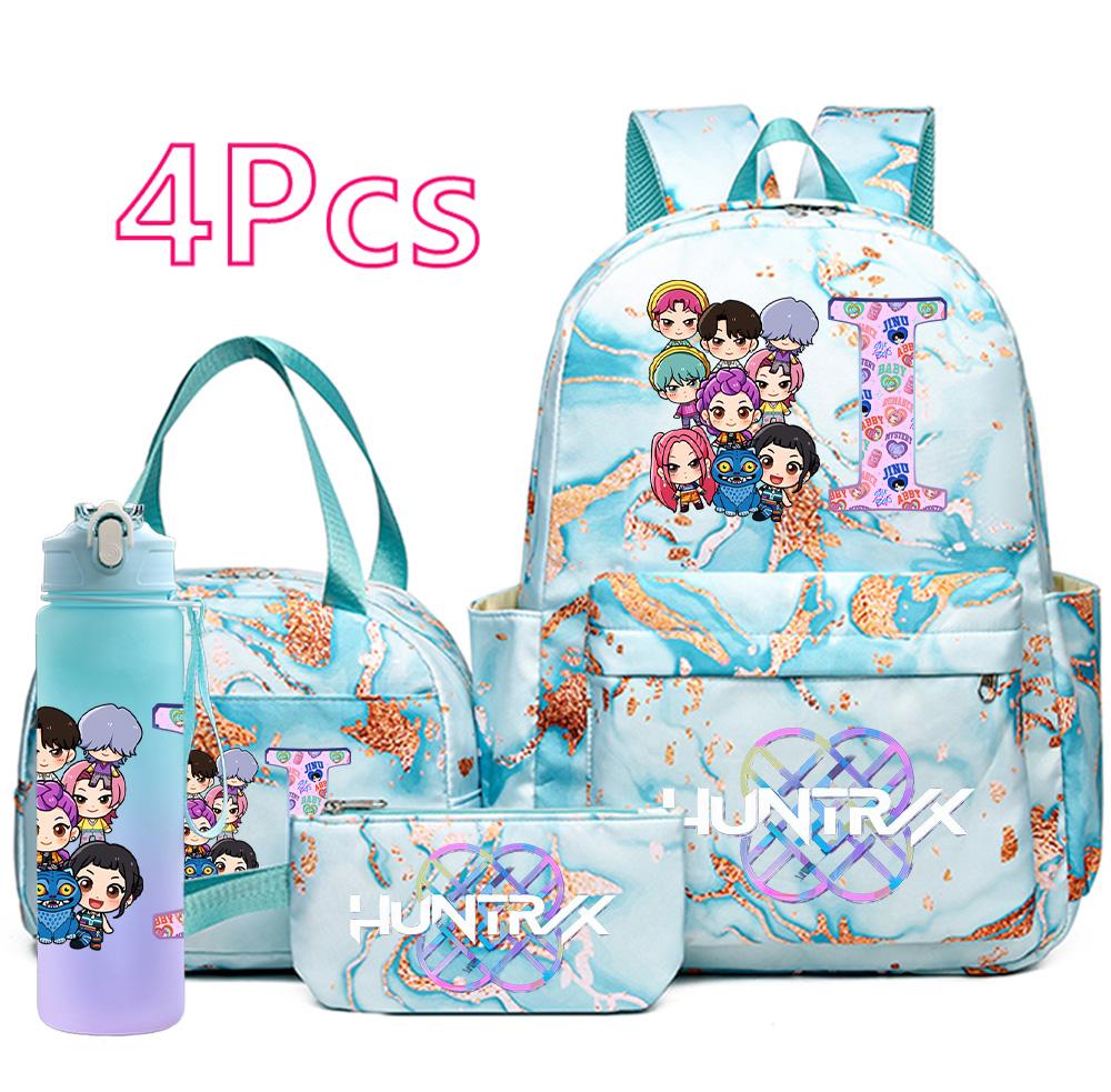4Pcs/set Cartoon K-Pop Printed Large Capacity Backpack Handbag Pencil Case with 750Ml Water Bottler for Teenager Boy Girl Schoolbag Bookbag Mochila