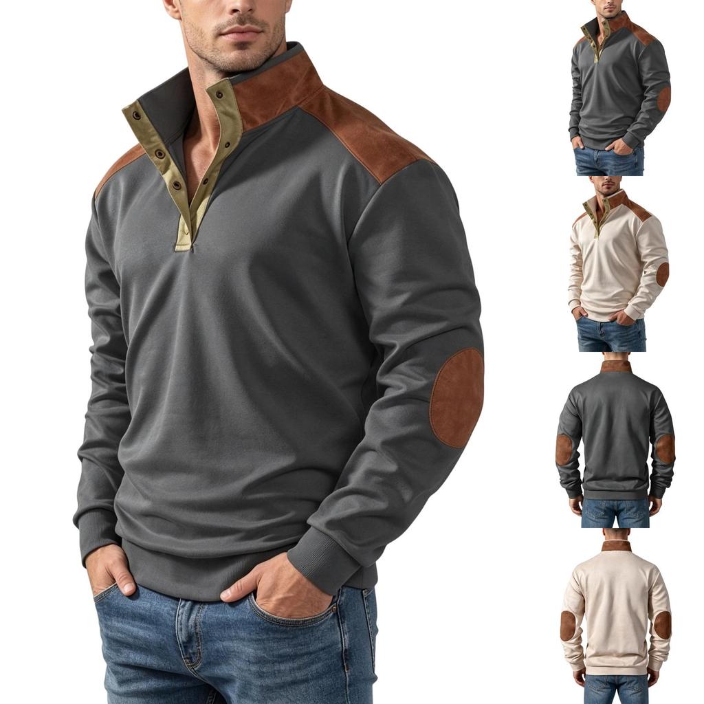 Men's Vintage Patchwork Stand Collar Half-Button Sweatshirt Casual Long Sleeve Top