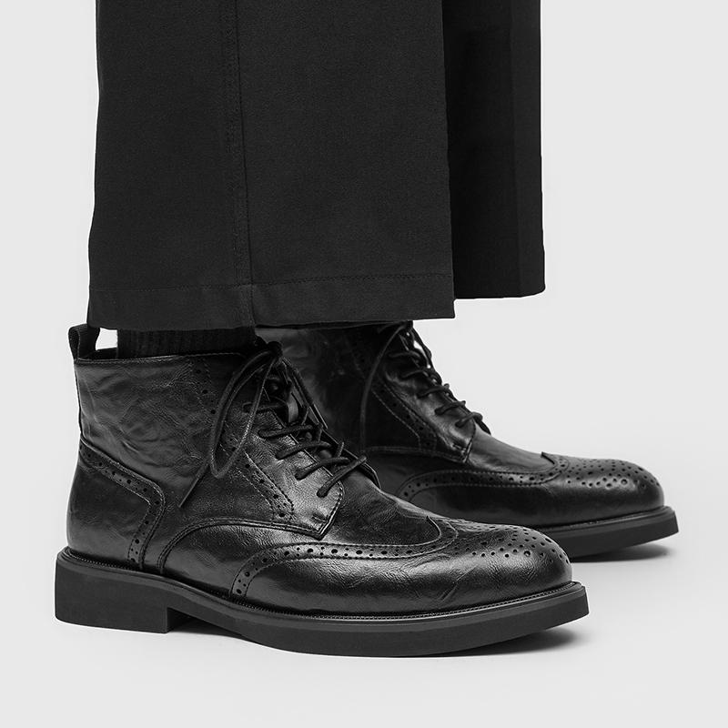 Men's high top leather shoes classic retro brogue style Autumn and Winter Outdoor Daily Business Office Black brown short boots