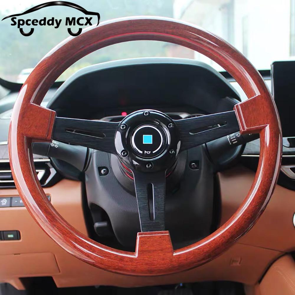 Classic Wood 14inch 350mm Flat Car Steering Wheel Sport ABS Retro Modified Steering Wheel Wood Grain Look Black Silver